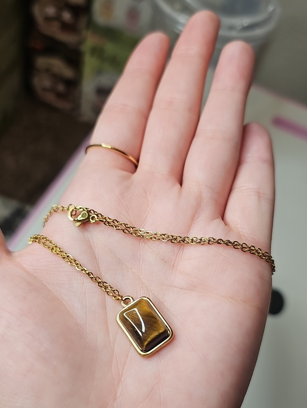 Brown Tigers Eye Stone Necklace Dainty Gold Tone New